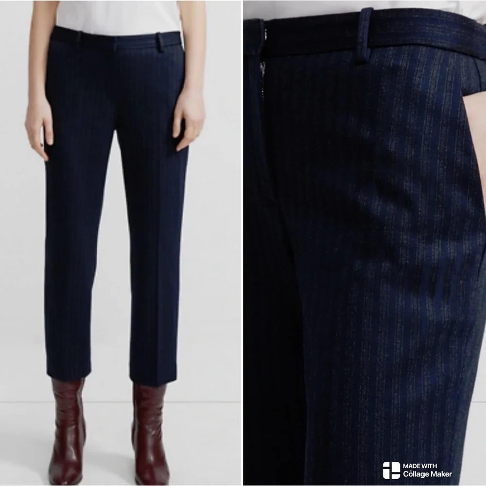 Theory Tailor Trouser C Pale Stripe Pants in Navy Grey Women 8 Office Travel